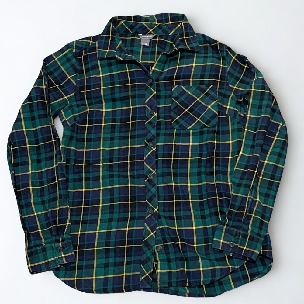 Eddie Bauer Plaid Flannel Button Down Shirt Green Blue Size S